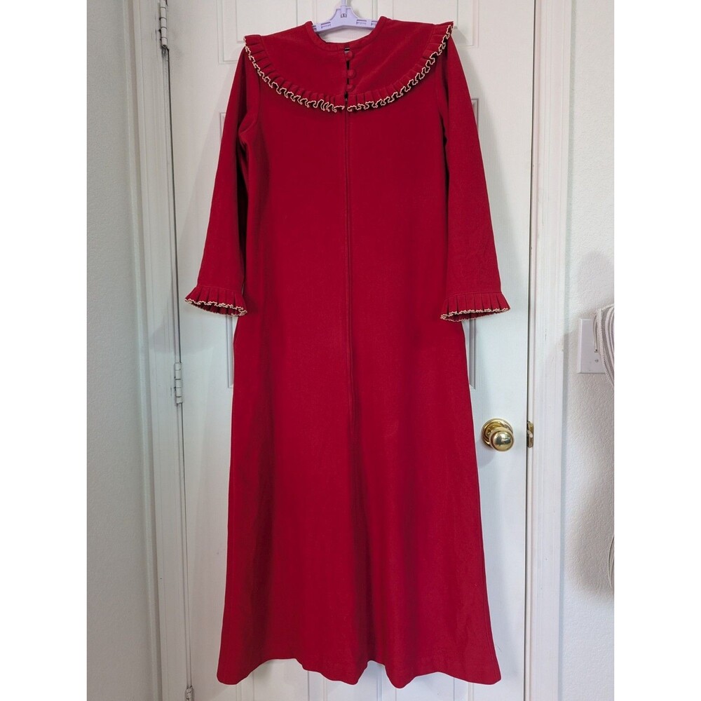 VTG Kayser Velour Long Zip Robe Womens Small Red L/S Ruffles Pockets Grannycore